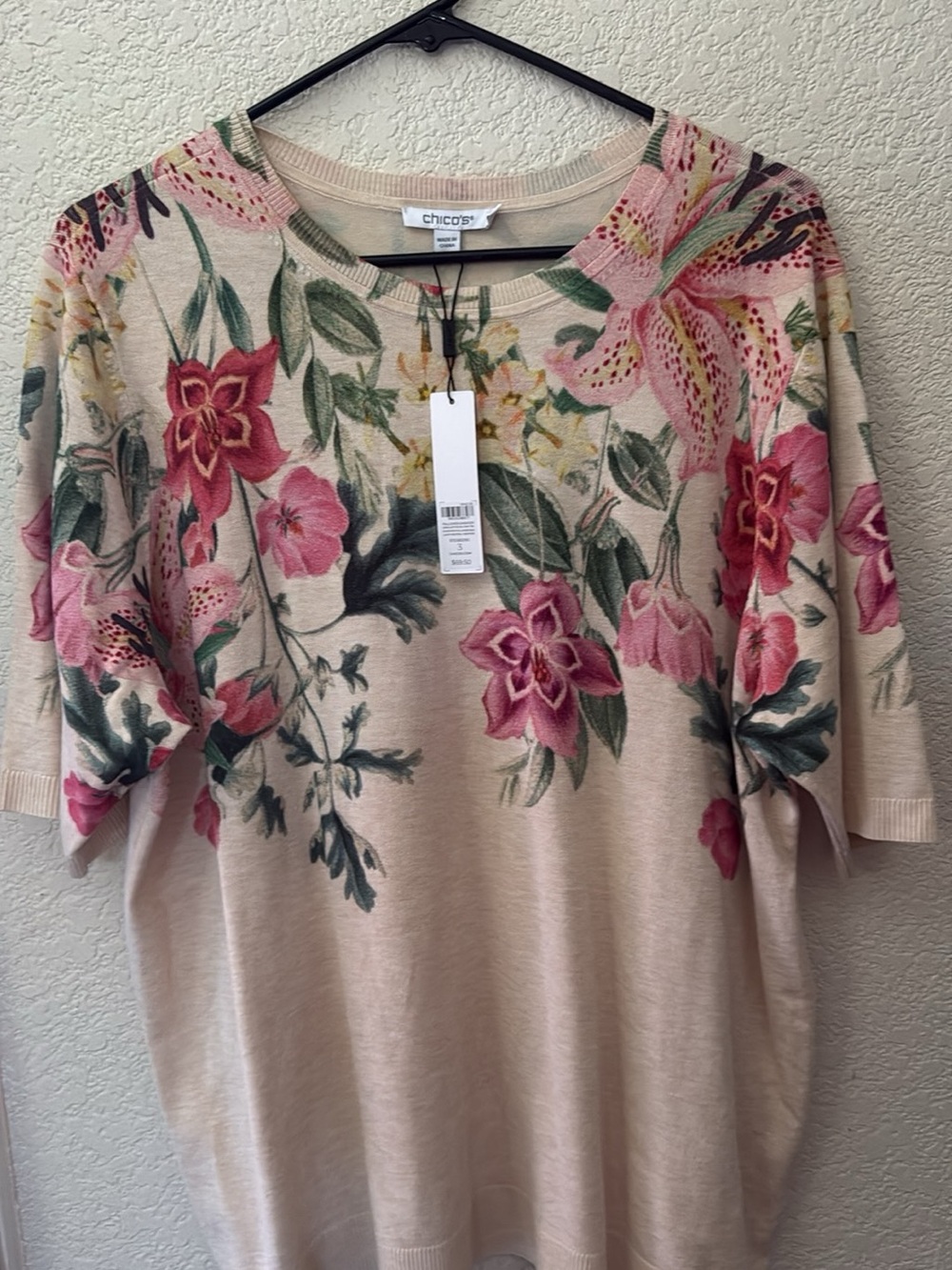 Chico's Cream Knit Top with Pink & Green Floral Print XL